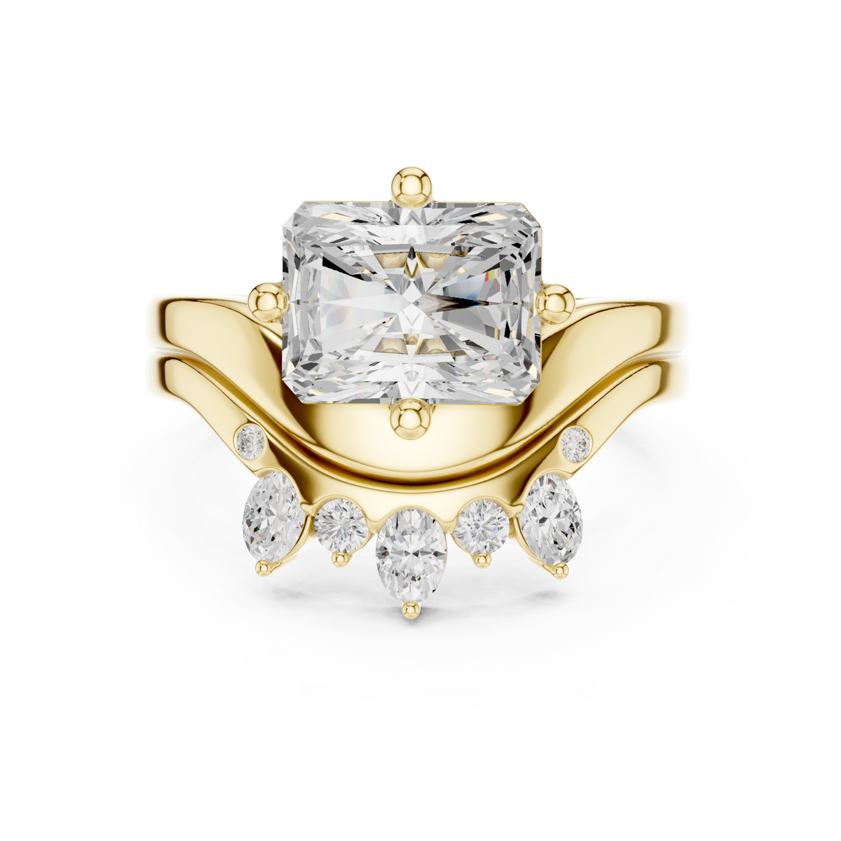 Radiant cut diamond solitaire scatter band bridal set yellow gold detail view