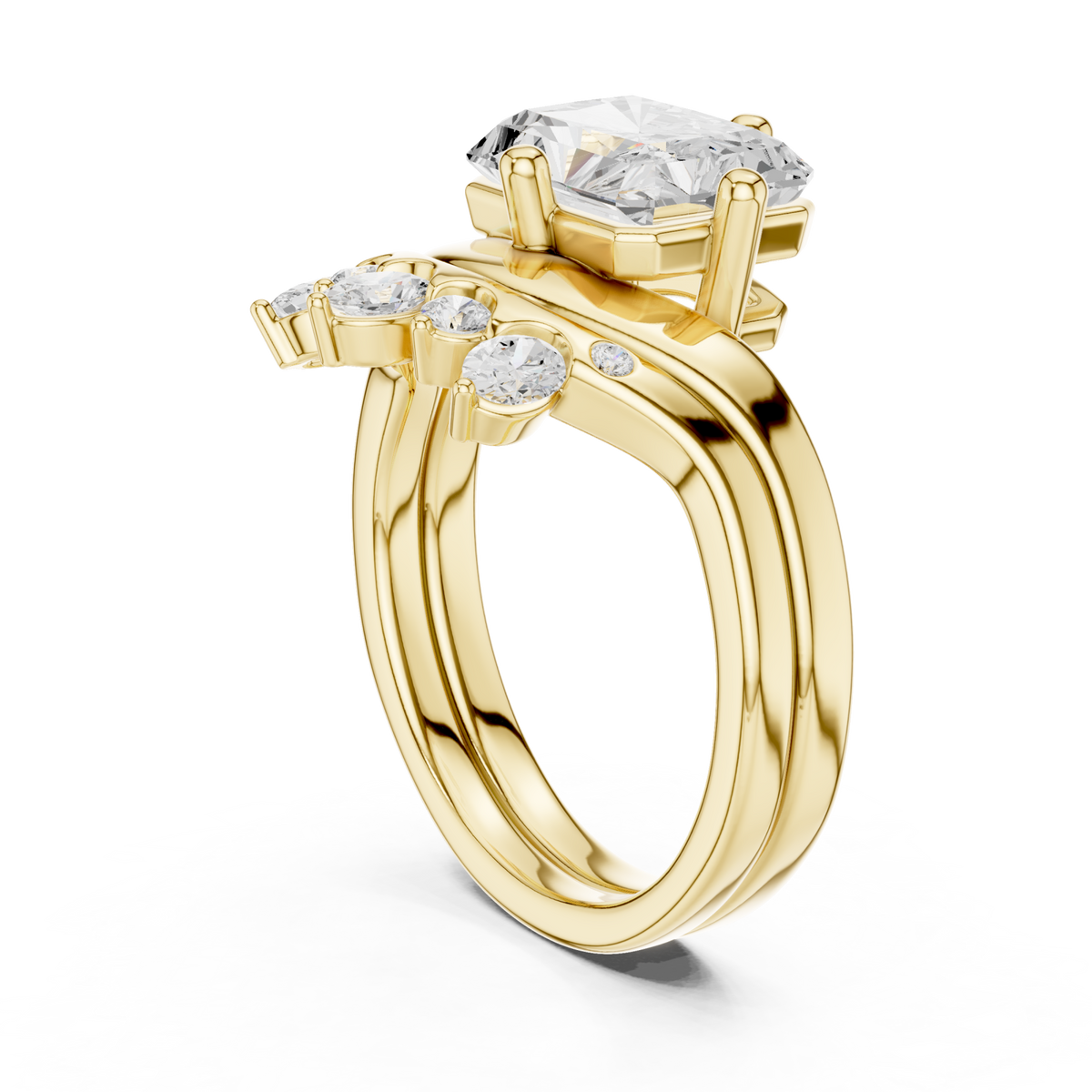 Radiant cut diamond solitaire scatter band bridal set yellow gold side view