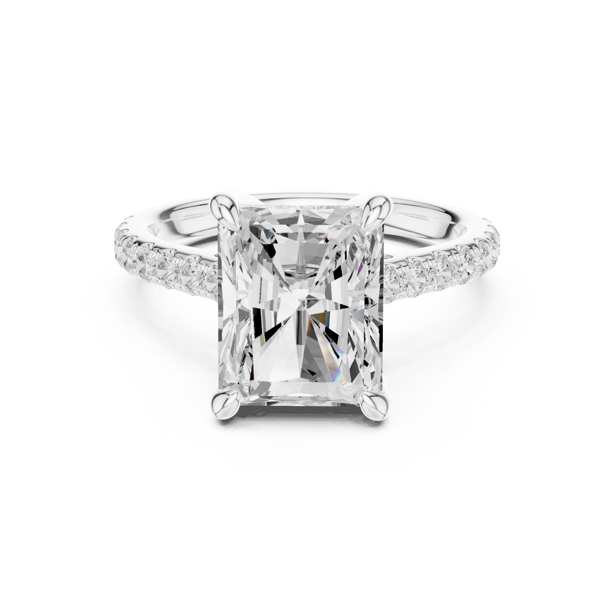 Radiant double-prong pave engagement ring white gold detail view