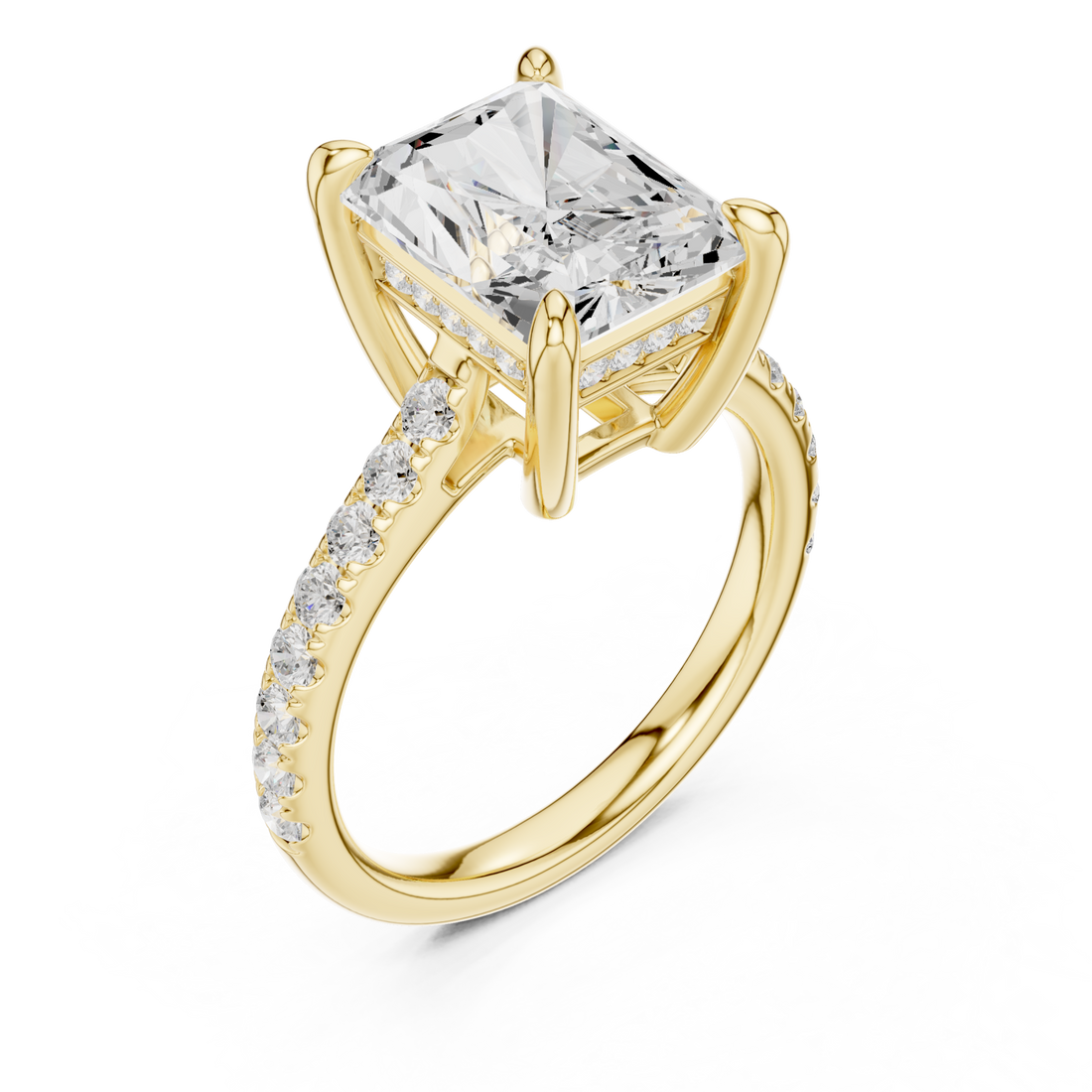 Radiant double-prong pave engagement ring yellow gold front view
