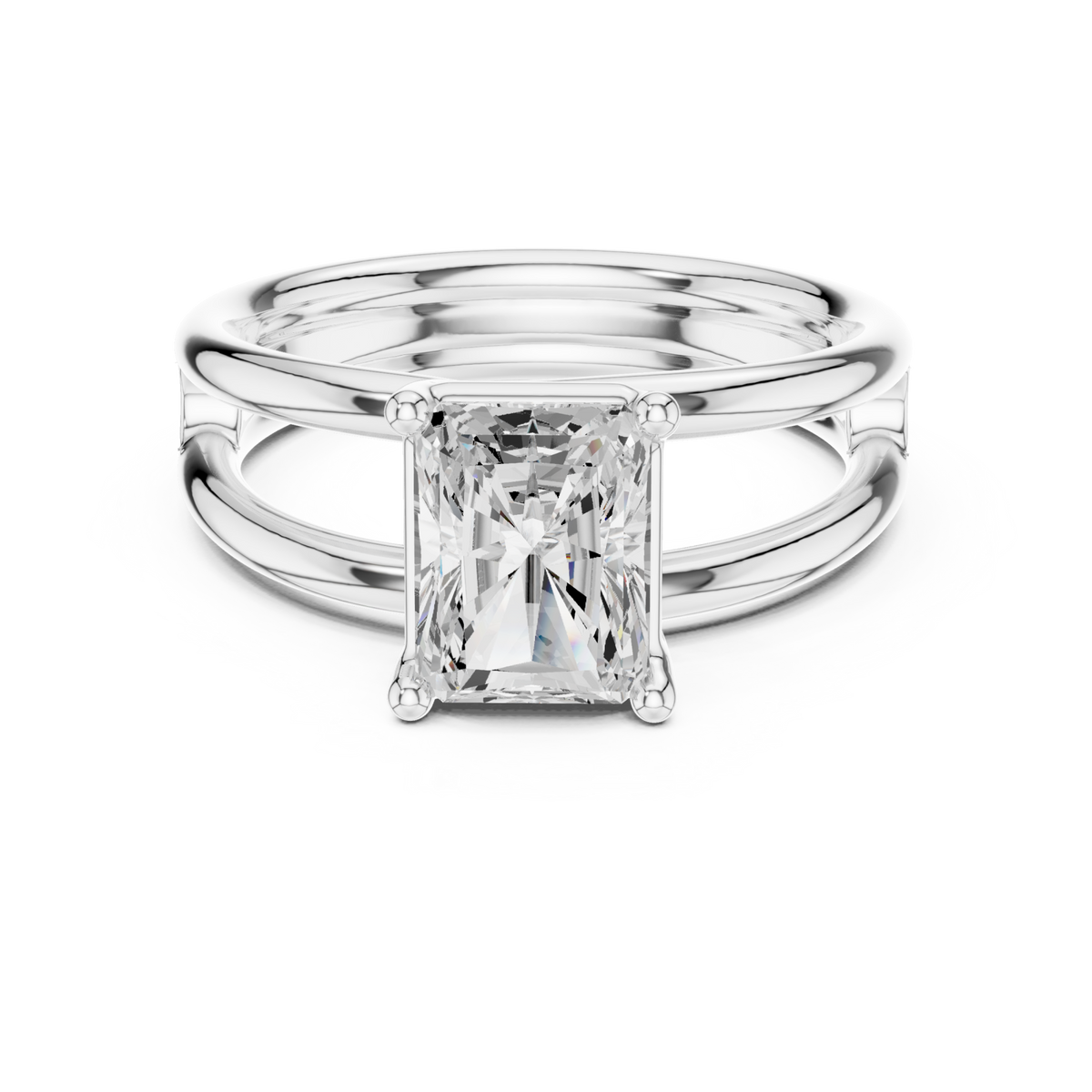 Radiant double band solitaire engagement ring white gold detail view