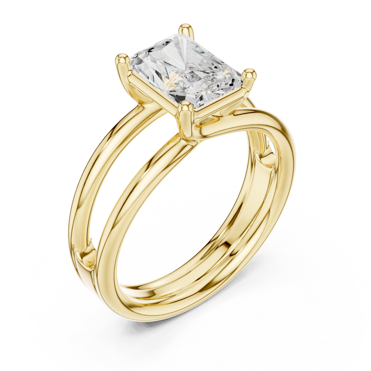 Radiant double band solitaire engagement ring yellow gold angle view
