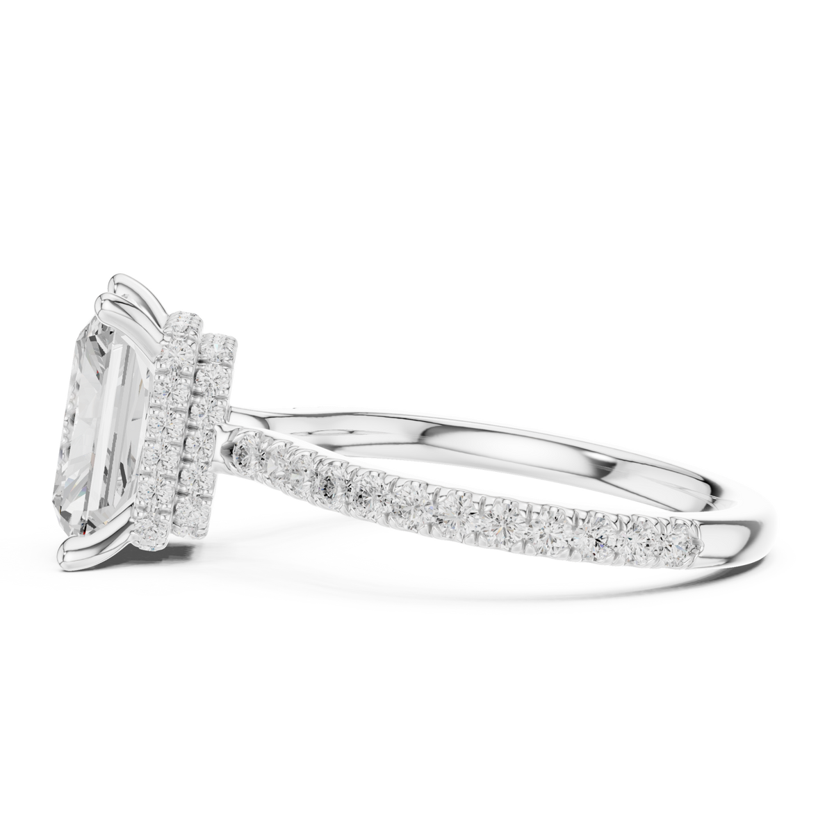 Radiant double hidden halo pave engagement ring white gold side view