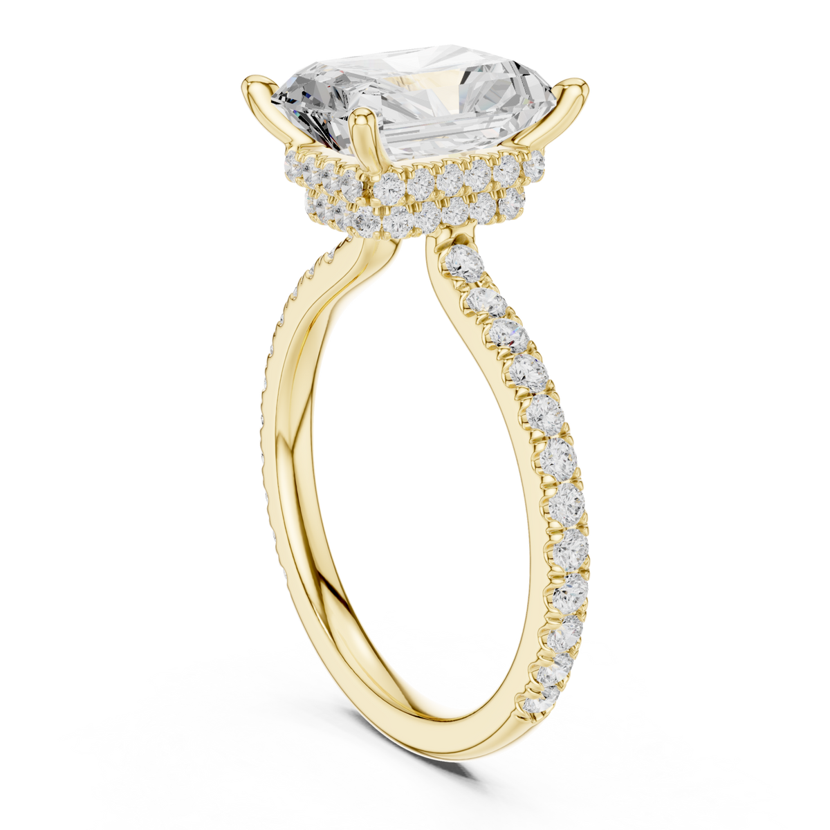 Radiant double hidden halo pave engagement ring yellow gold front view