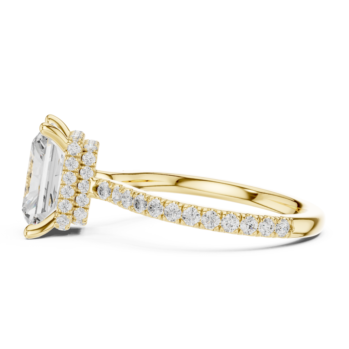 Radiant double hidden halo pave engagement ring yellow gold side view