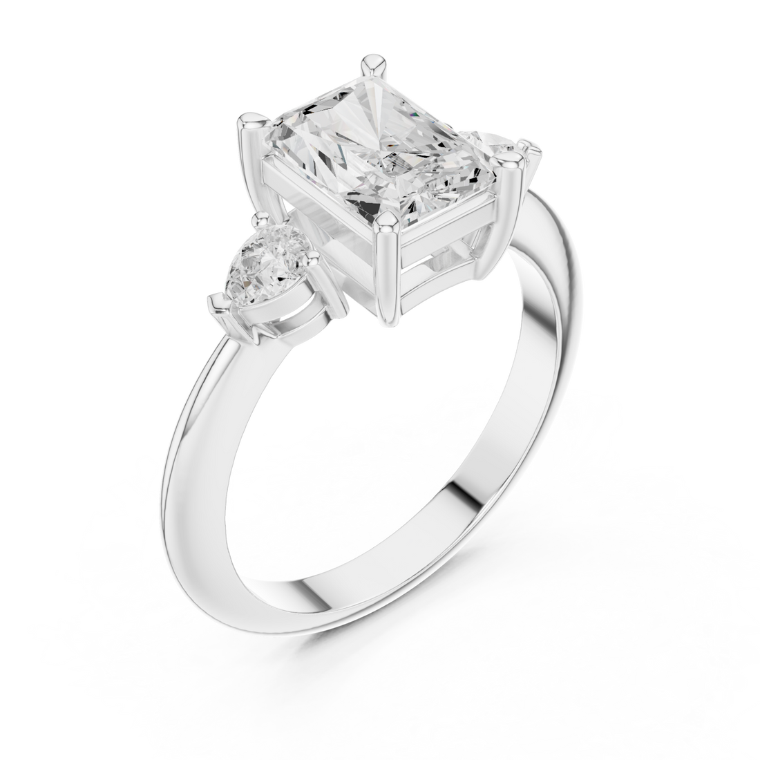 Radiant east-west pear three stone engagement ring white gold front view