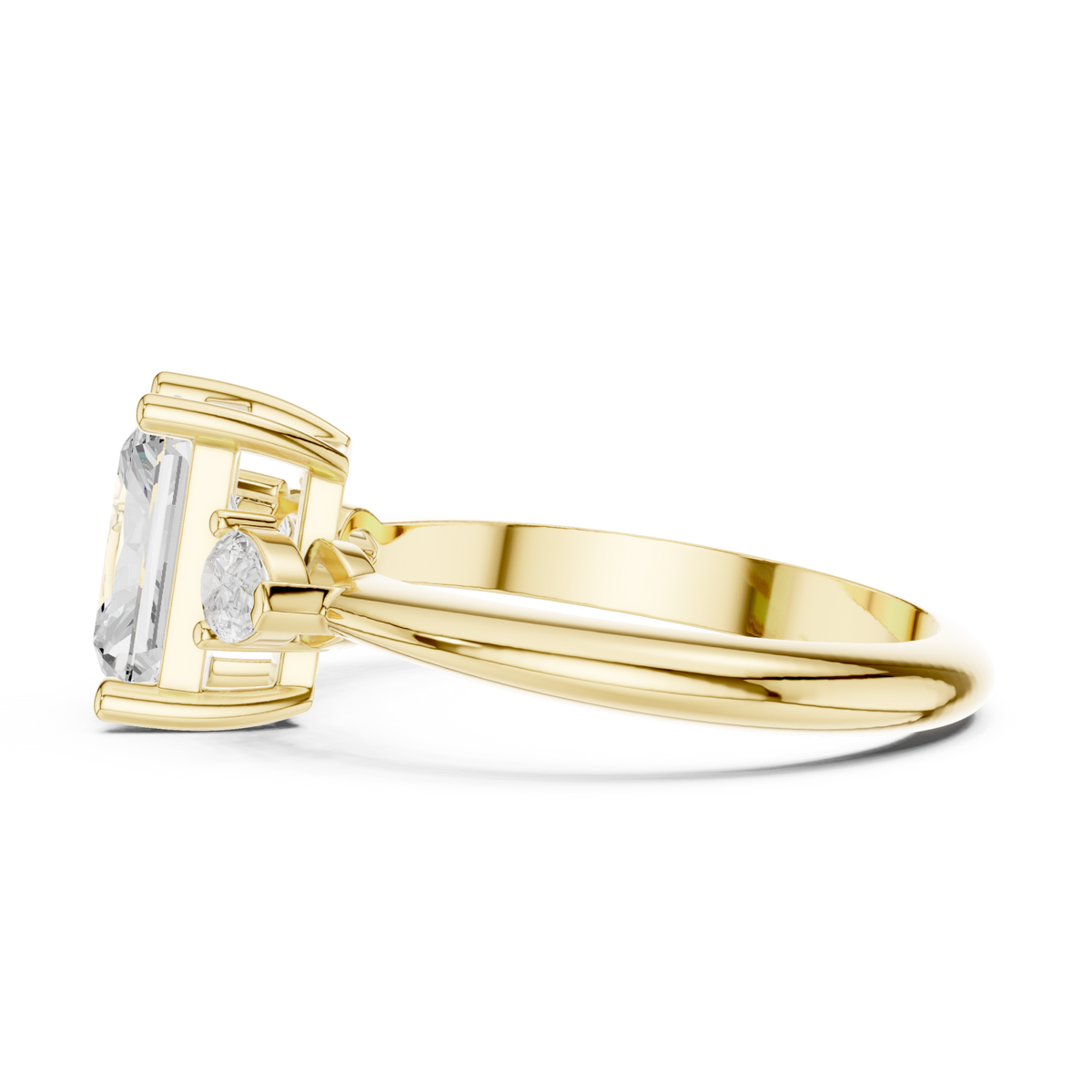 Radiant east-west pear three stone engagement ring yellow gold side view