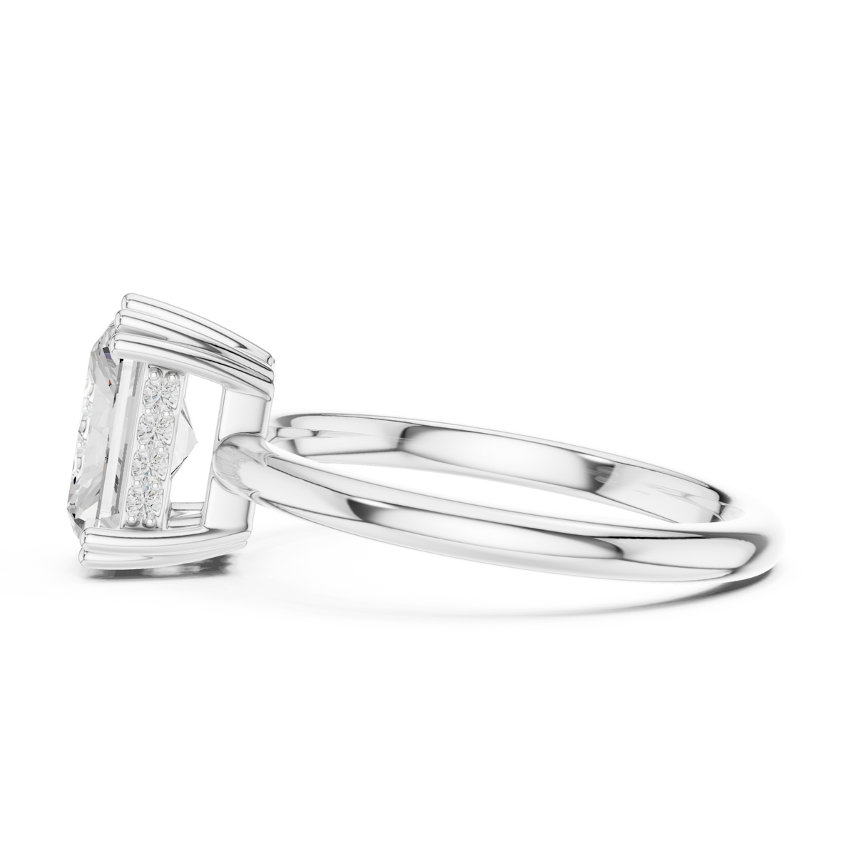 Radiant eight-prong crown solitaire engagement ring white gold side view