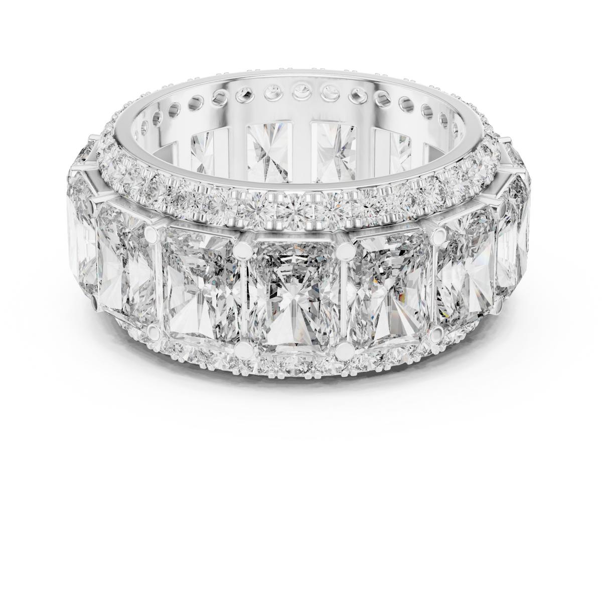 Radiant eternity band with pave edges white gold detail view