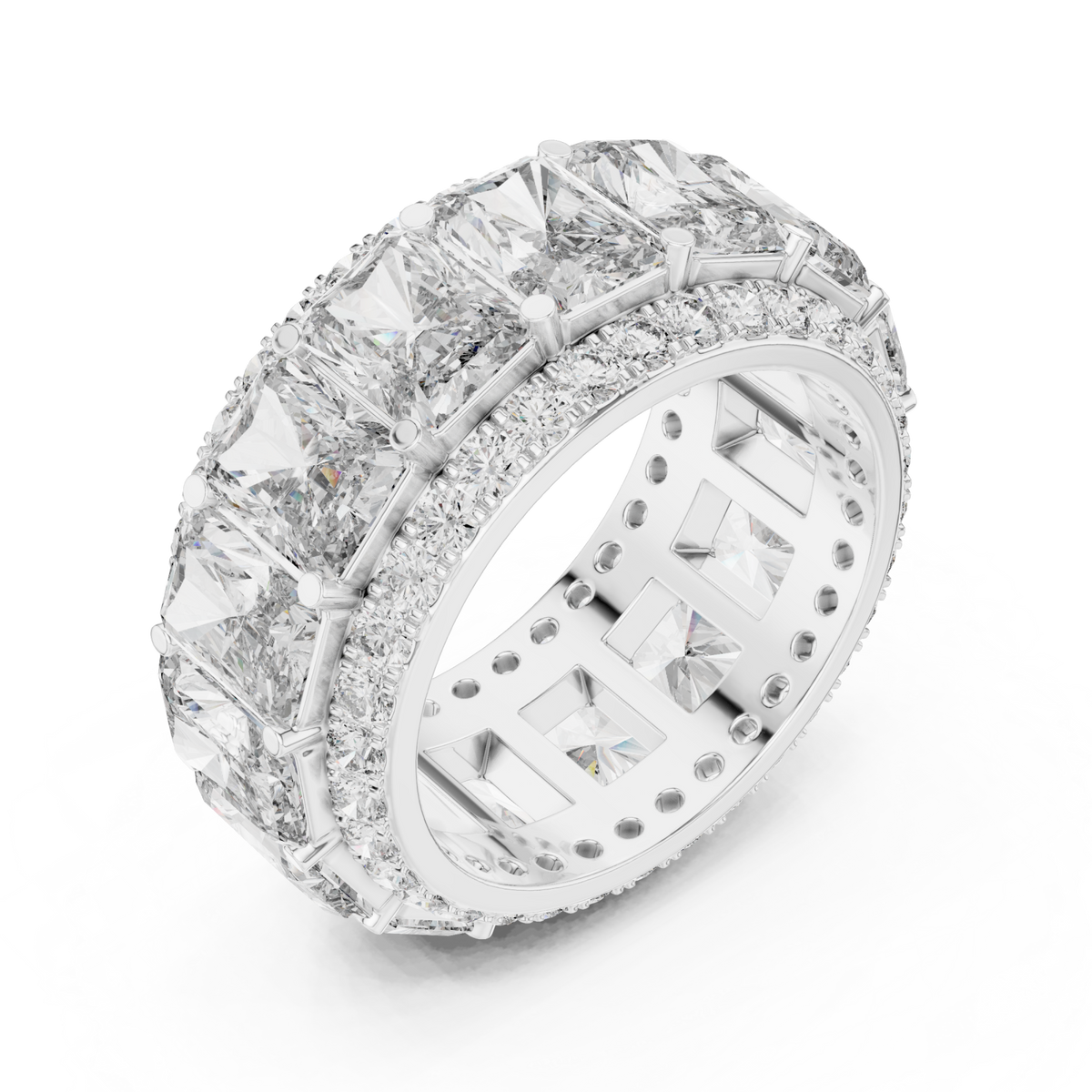 Radiant eternity band with pave edges white gold front view