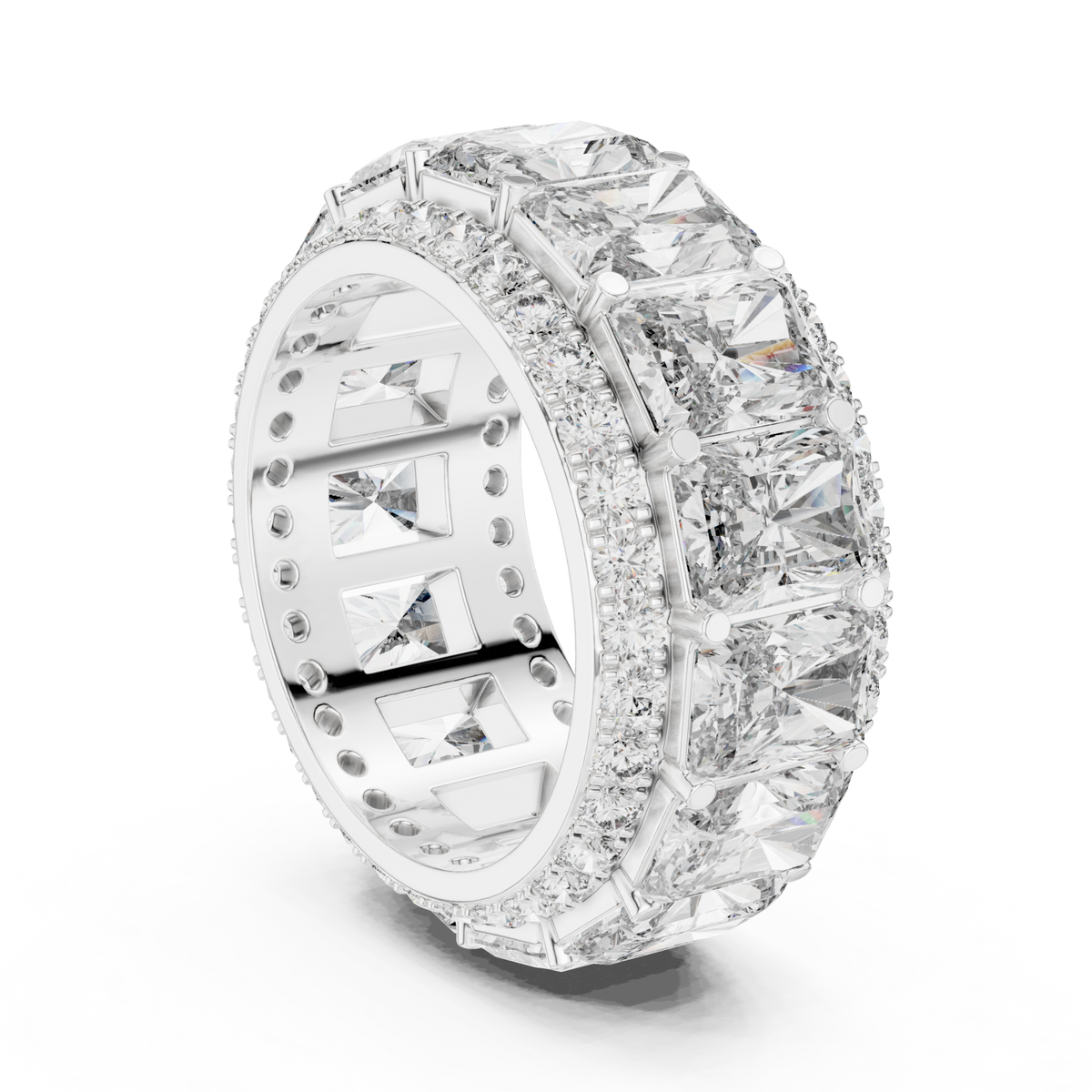 Radiant eternity band with pave edges white gold side view