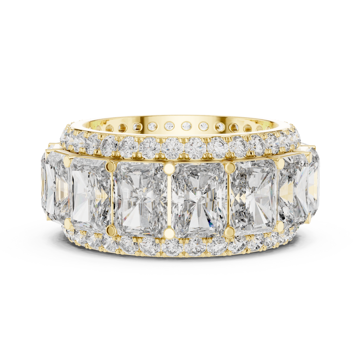 Radiant eternity band with pave edges yellow gold angle view