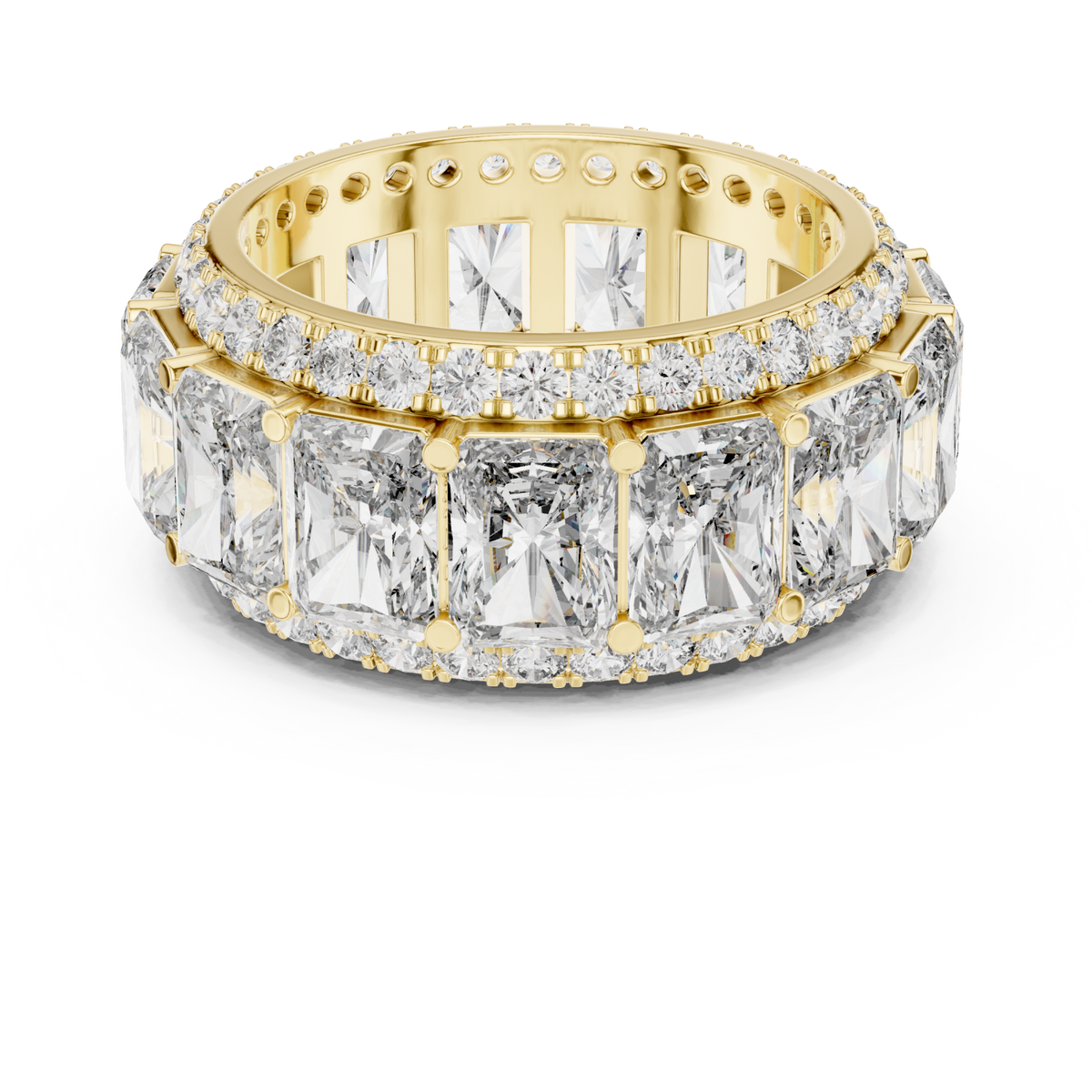 Radiant eternity band with pave edges yellow gold detail view