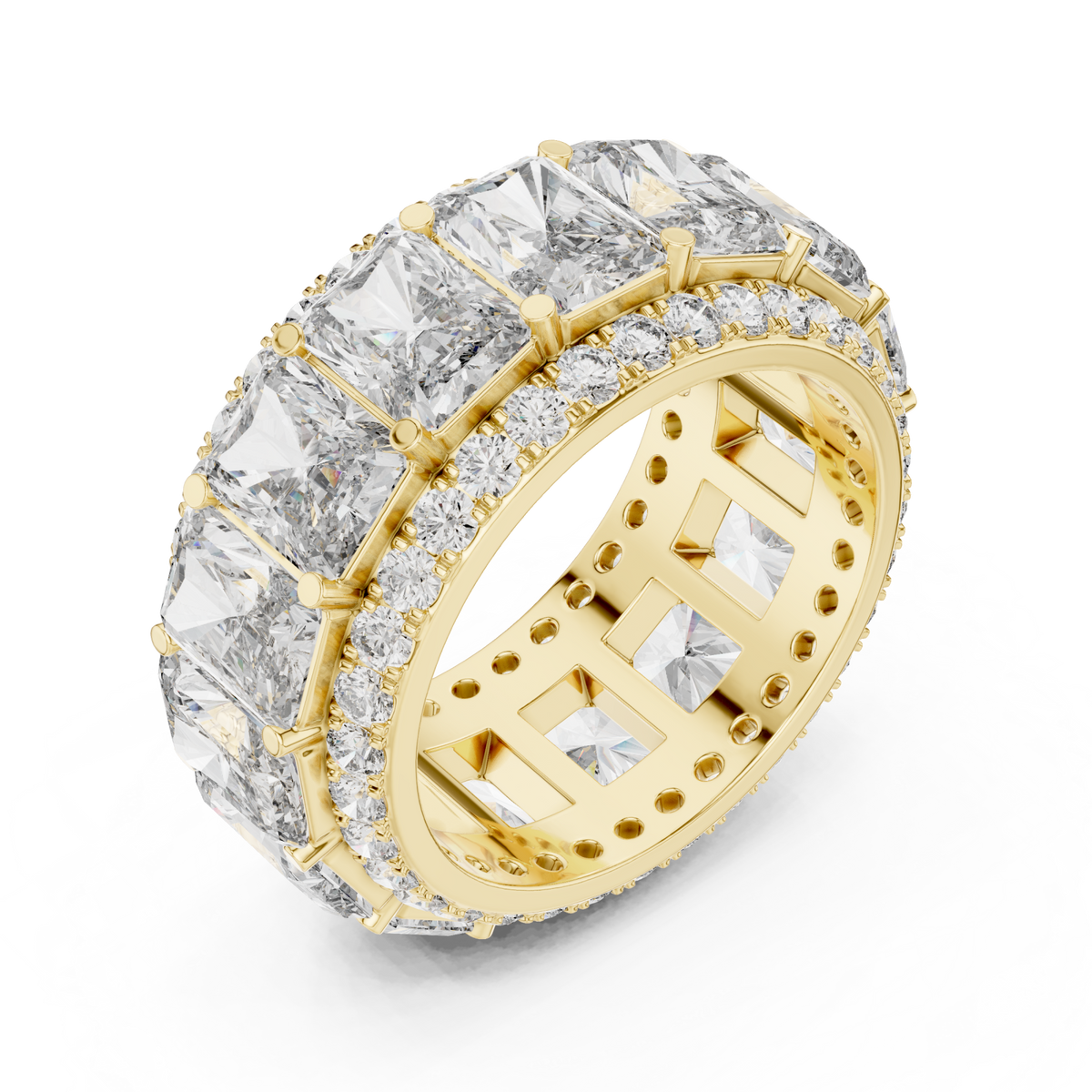 Radiant eternity band with pave edges yellow gold front view