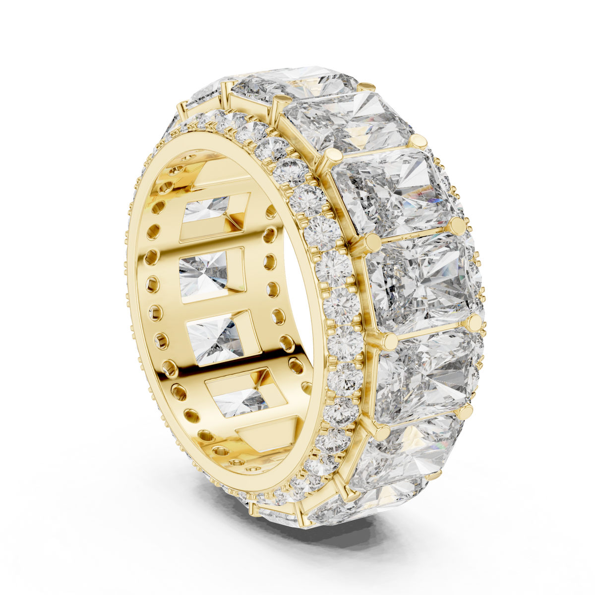 Radiant eternity band with pave edges yellow gold side view