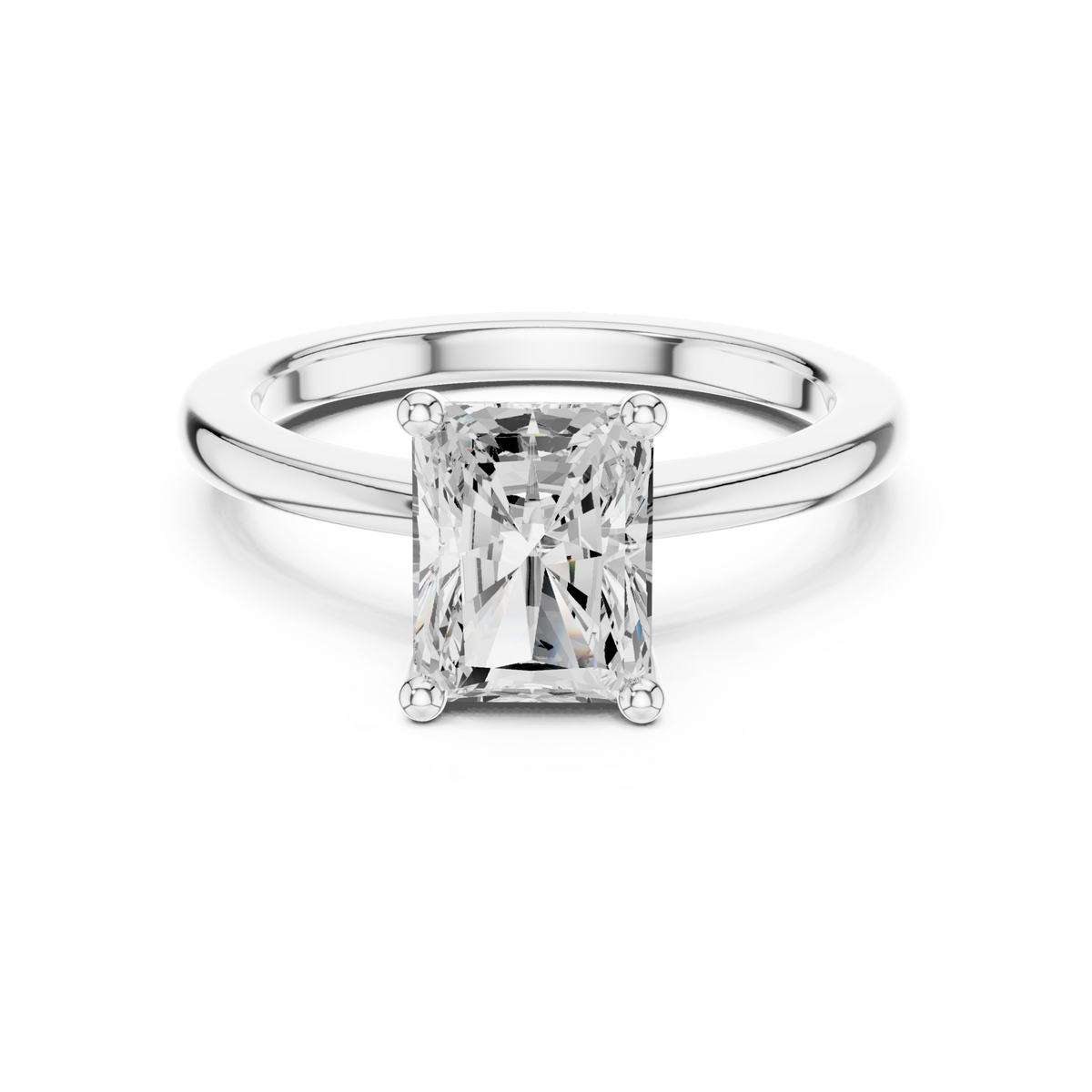 Radiant flat-edge solitaire engagement ring white gold detail view