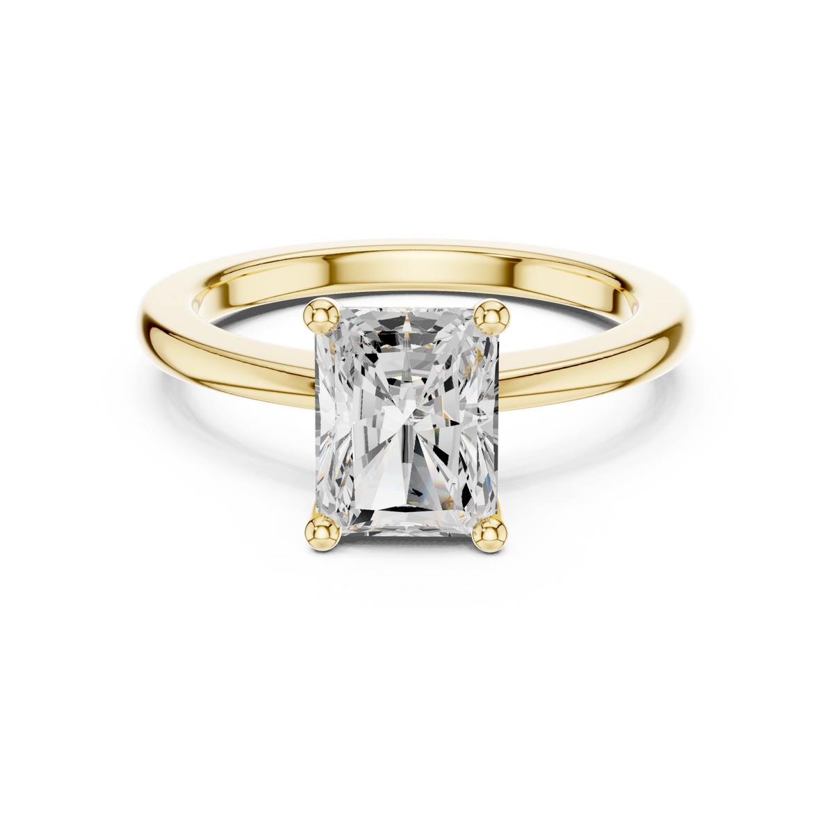 Radiant flat-edge solitaire engagement ring yellow gold detail view