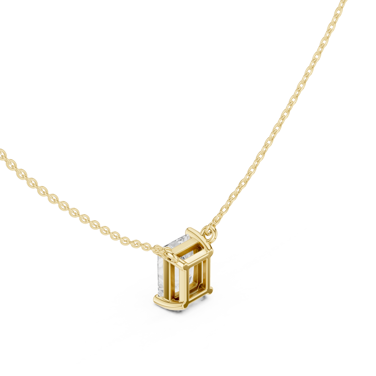 Radiant floating solitaire pendant yellow gold angle view