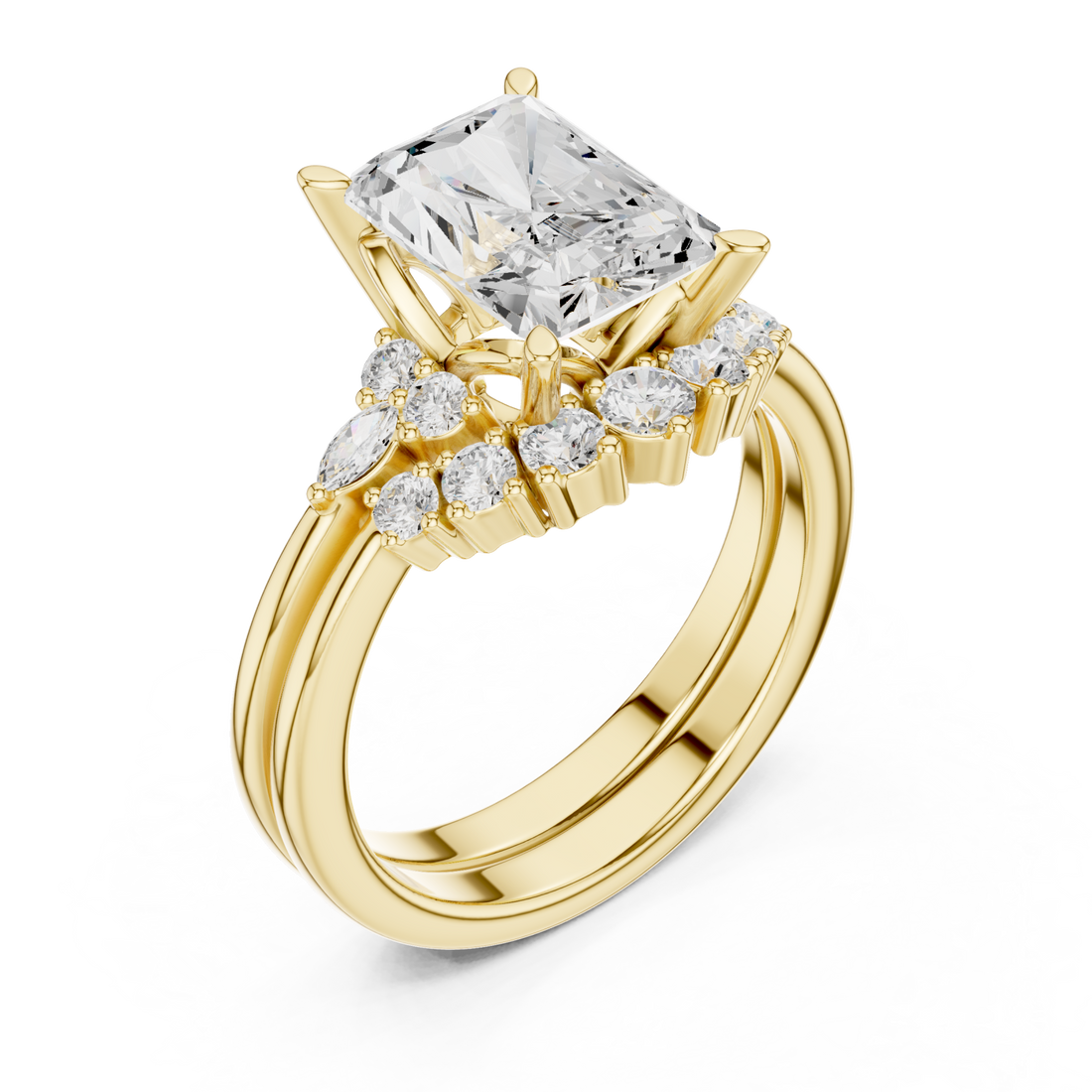 Radiant floral cluster bridal set yellow gold front view