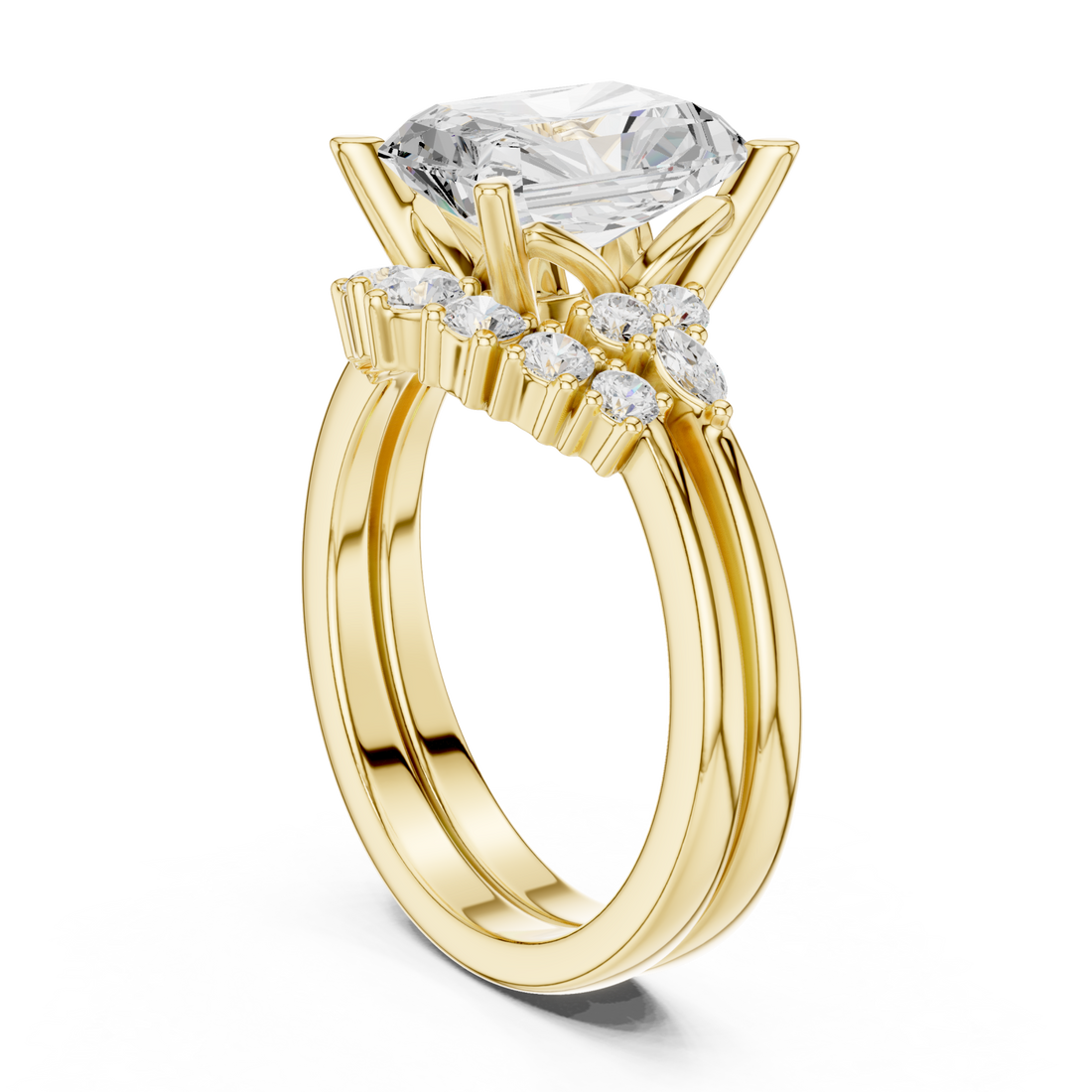 Radiant floral cluster bridal set yellow gold front view
