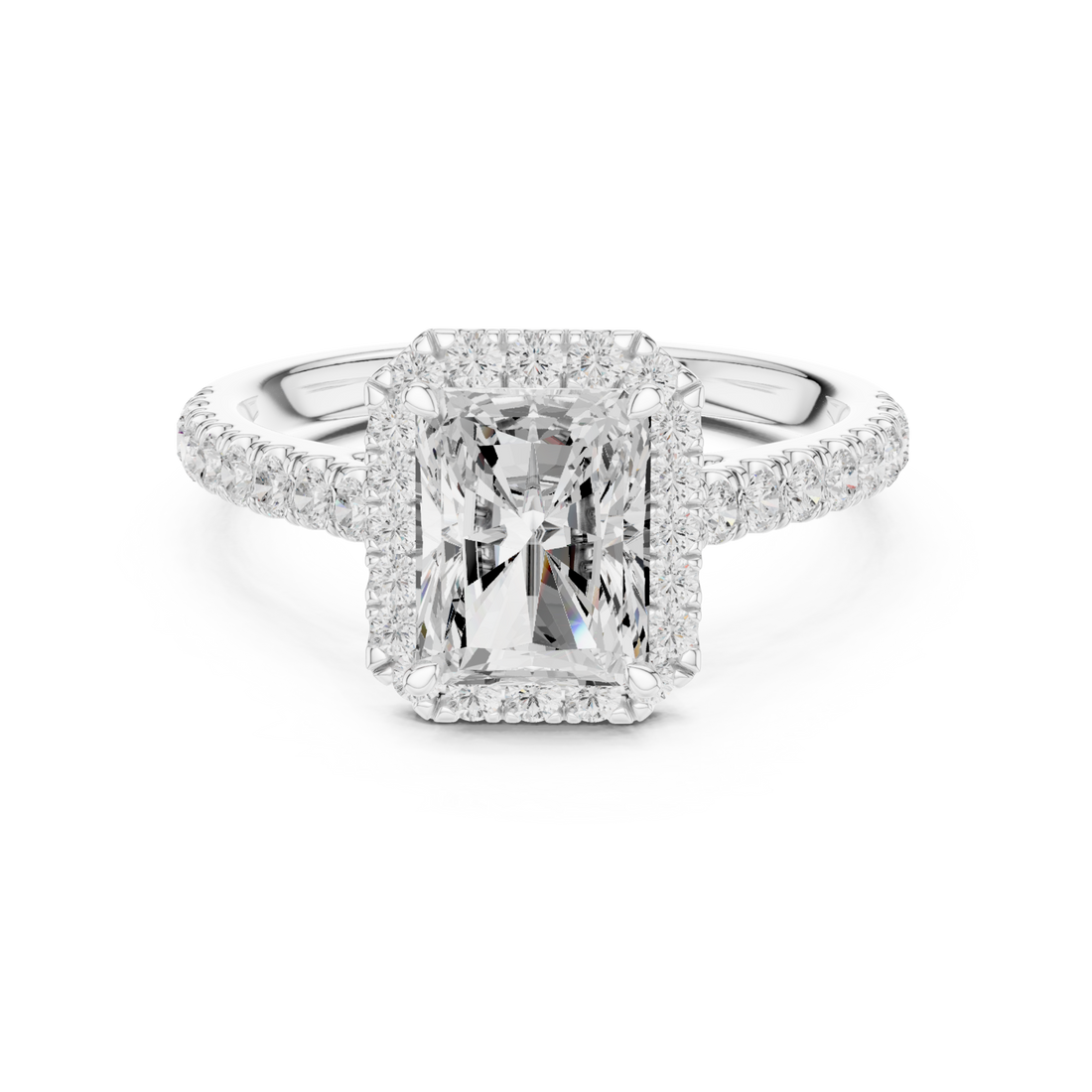 Radiant french pave halo engagement ring white gold side view
