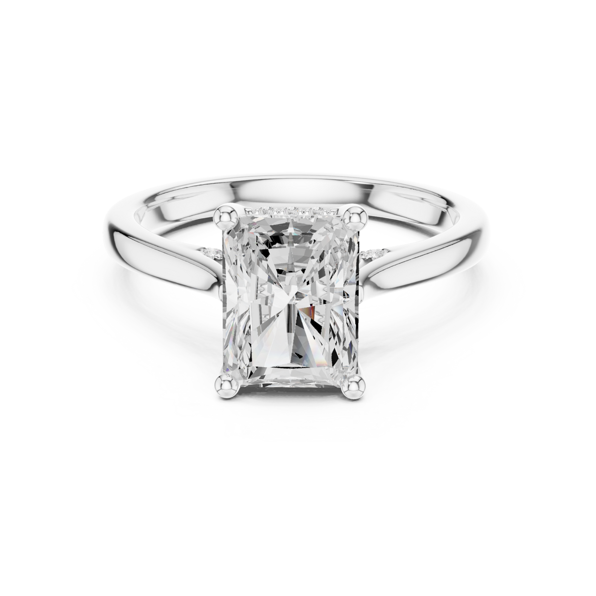 Radiant hidden halo cathedral solitaire engagement ring white gold detail view