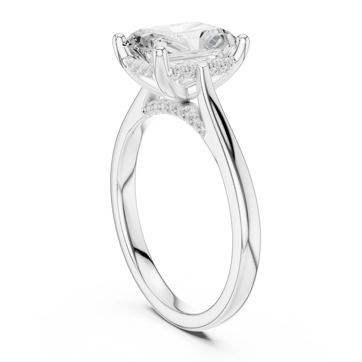Radiant hidden halo cathedral solitaire engagement ring white gold front view