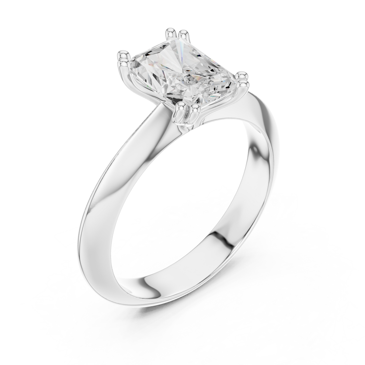 Radiant knife-edge solitaire engagement ring white gold angle view
