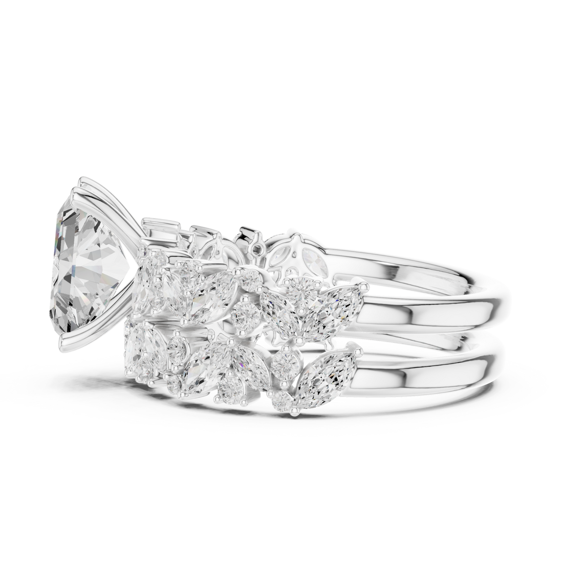 Radiant marquise cluster bridal set white gold side view