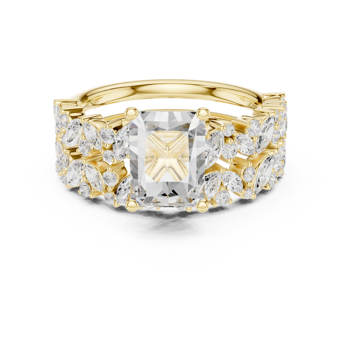 Radiant marquise cluster bridal set yellow gold detail view