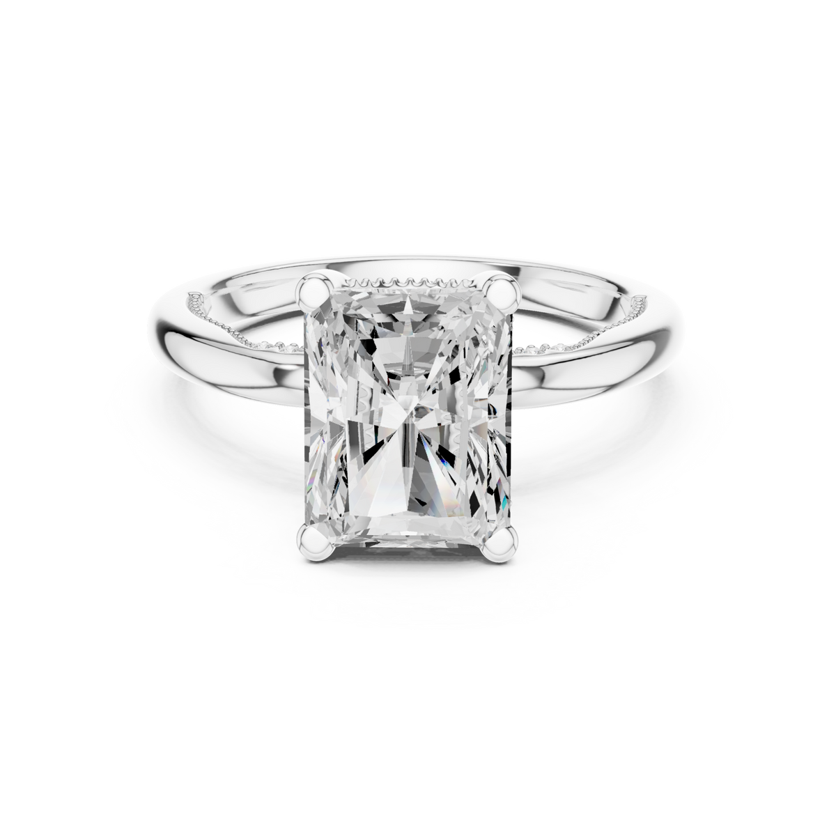Radiant milgrain accent solitaire engagement ring white gold detail view