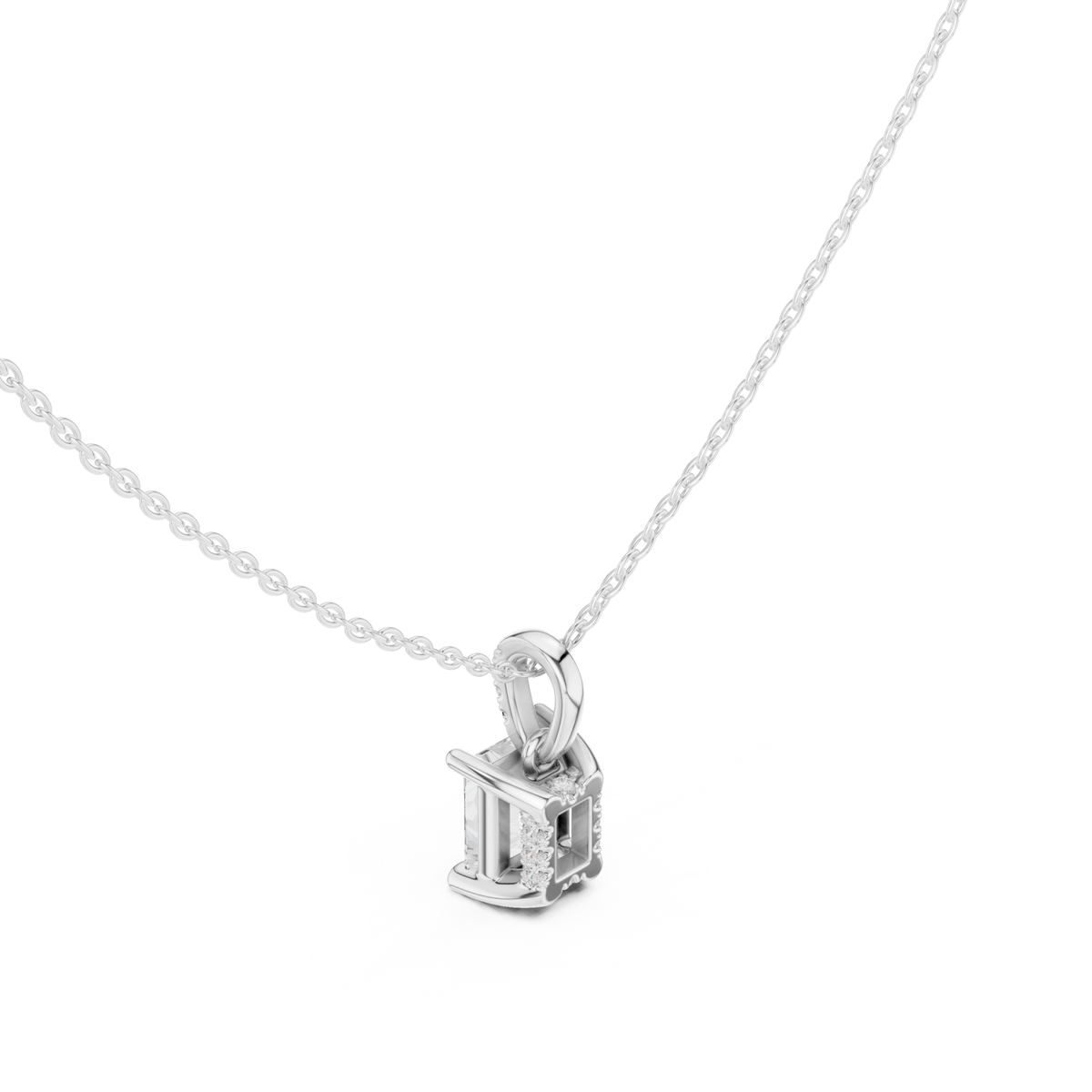 Radiant pave bail solitaire pendant white gold angle view
