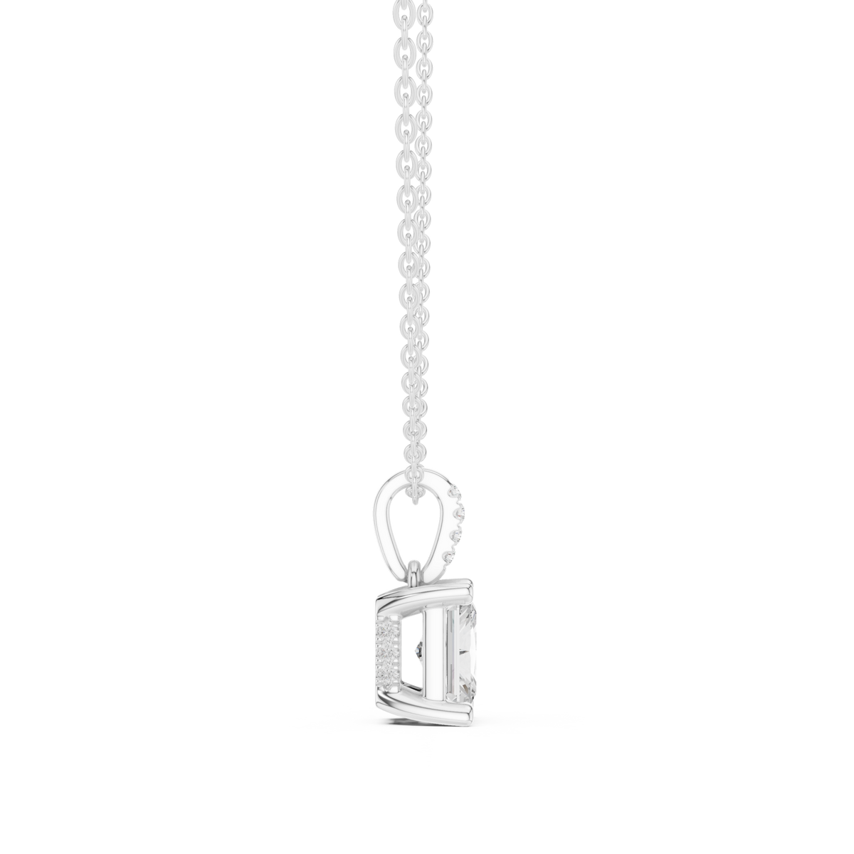 Radiant pave bail solitaire pendant white gold side view