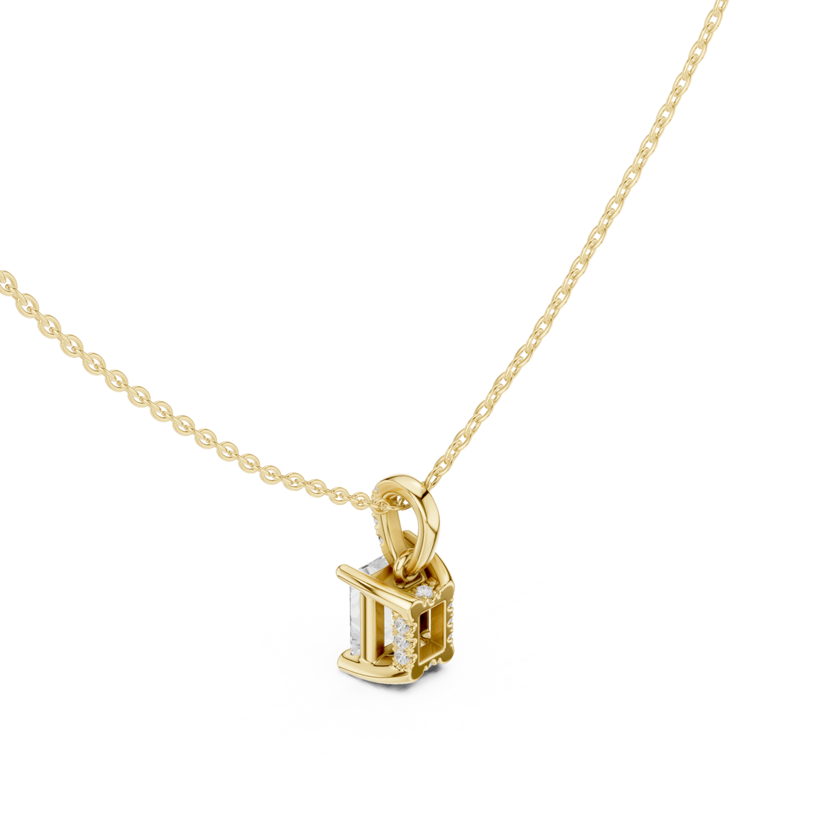 Radiant pave bail solitaire pendant yellow gold angle view