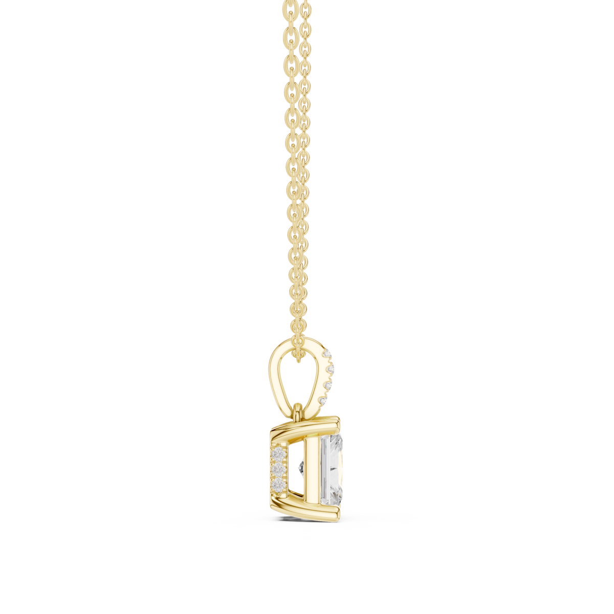 Radiant pave bail solitaire pendant yellow gold side view