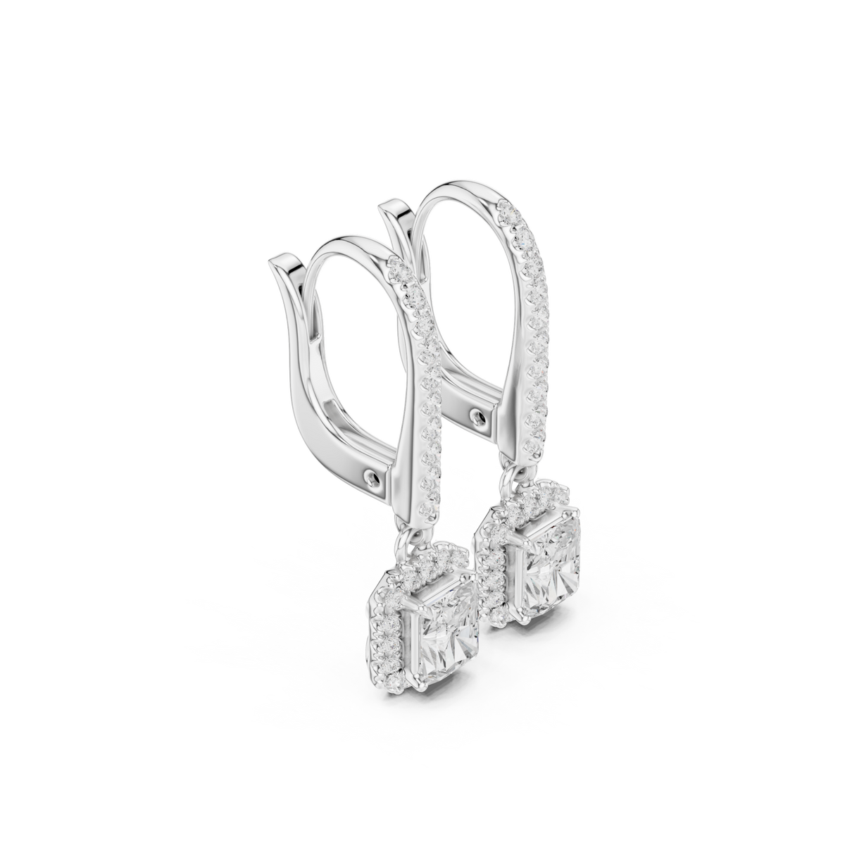  White Gold Radiant Pave Bar Halo Drop Earrings Front View