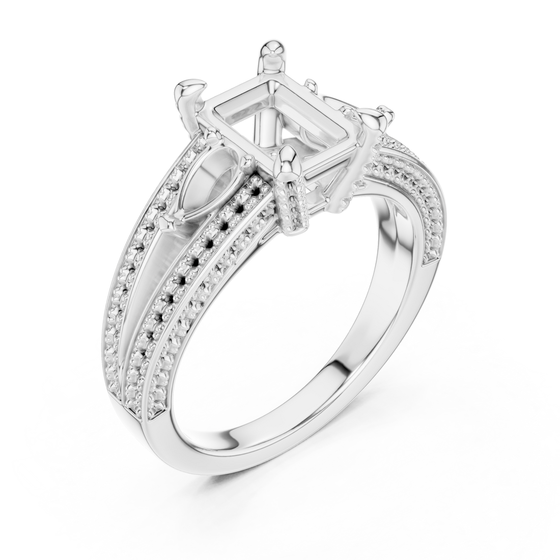 Radiant pear side split shank engagement ring white gold front view