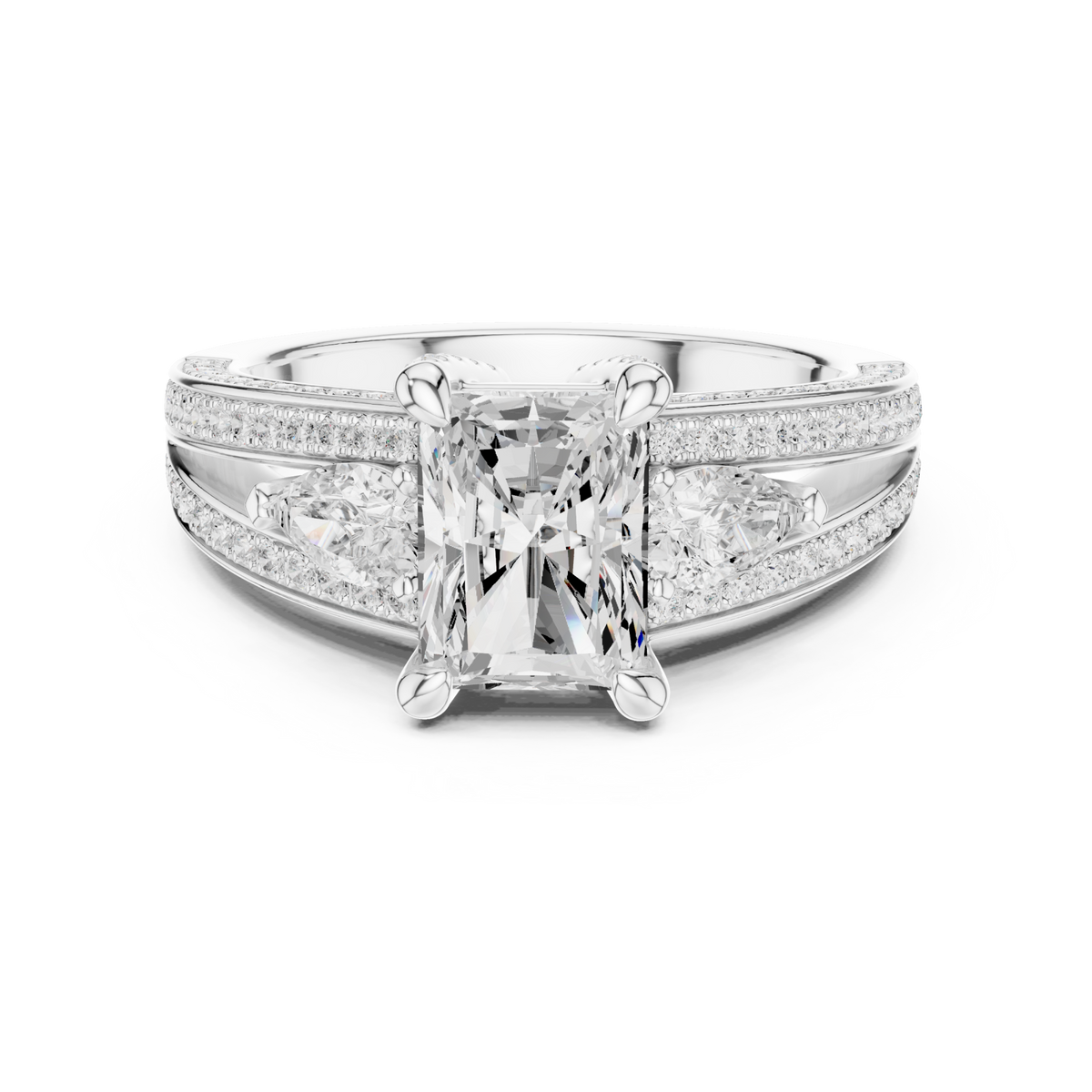 Radiant pear side split shank engagement ring white gold detail view