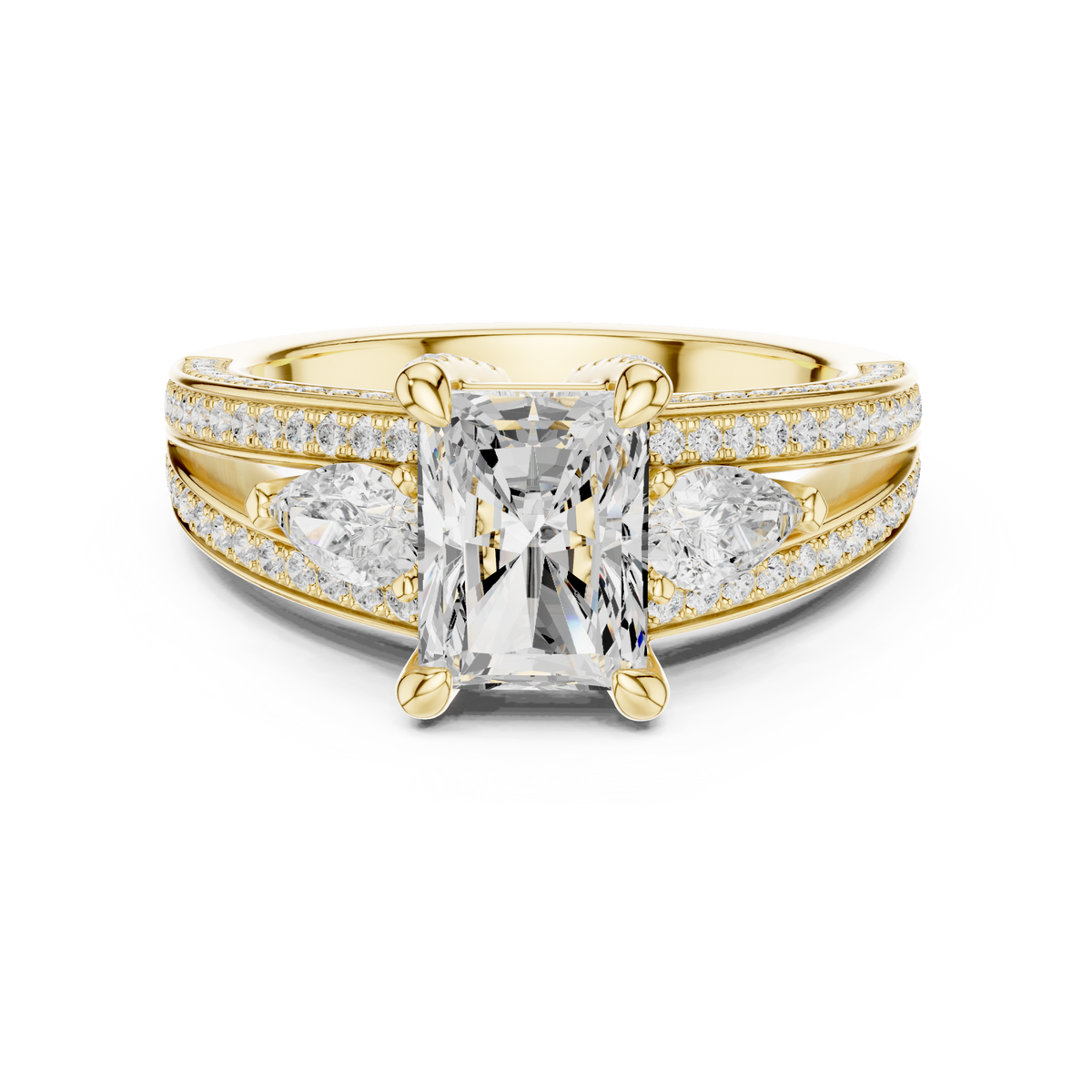 Radiant pear side split shank engagement ring yellow gold detail view