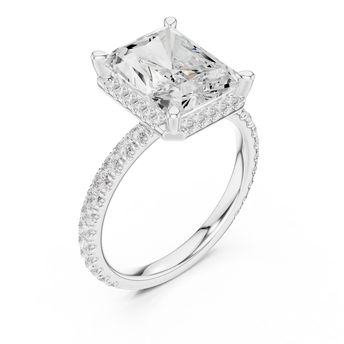 Radiant petal-prong hidden halo pave engagement ring white gold angle view