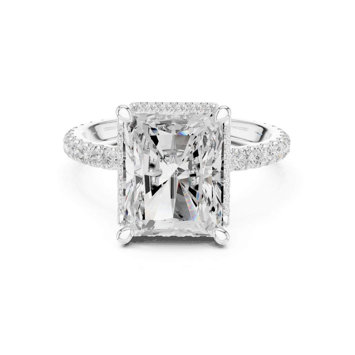 Radiant petal-prong hidden halo pave engagement ring white gold detail view