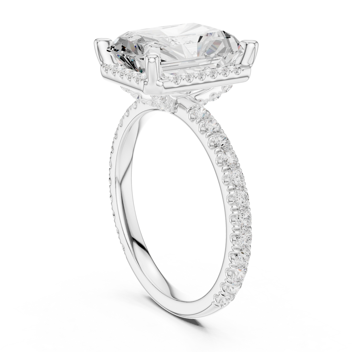 Radiant petal-prong hidden halo pave engagement ring white gold front view
