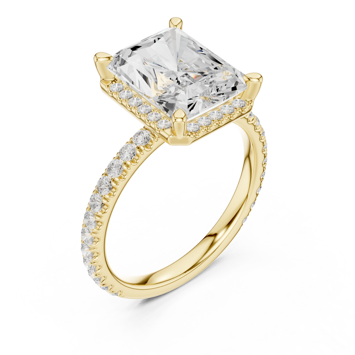 Radiant petal-prong hidden halo pave engagement ring yellow gold angle view