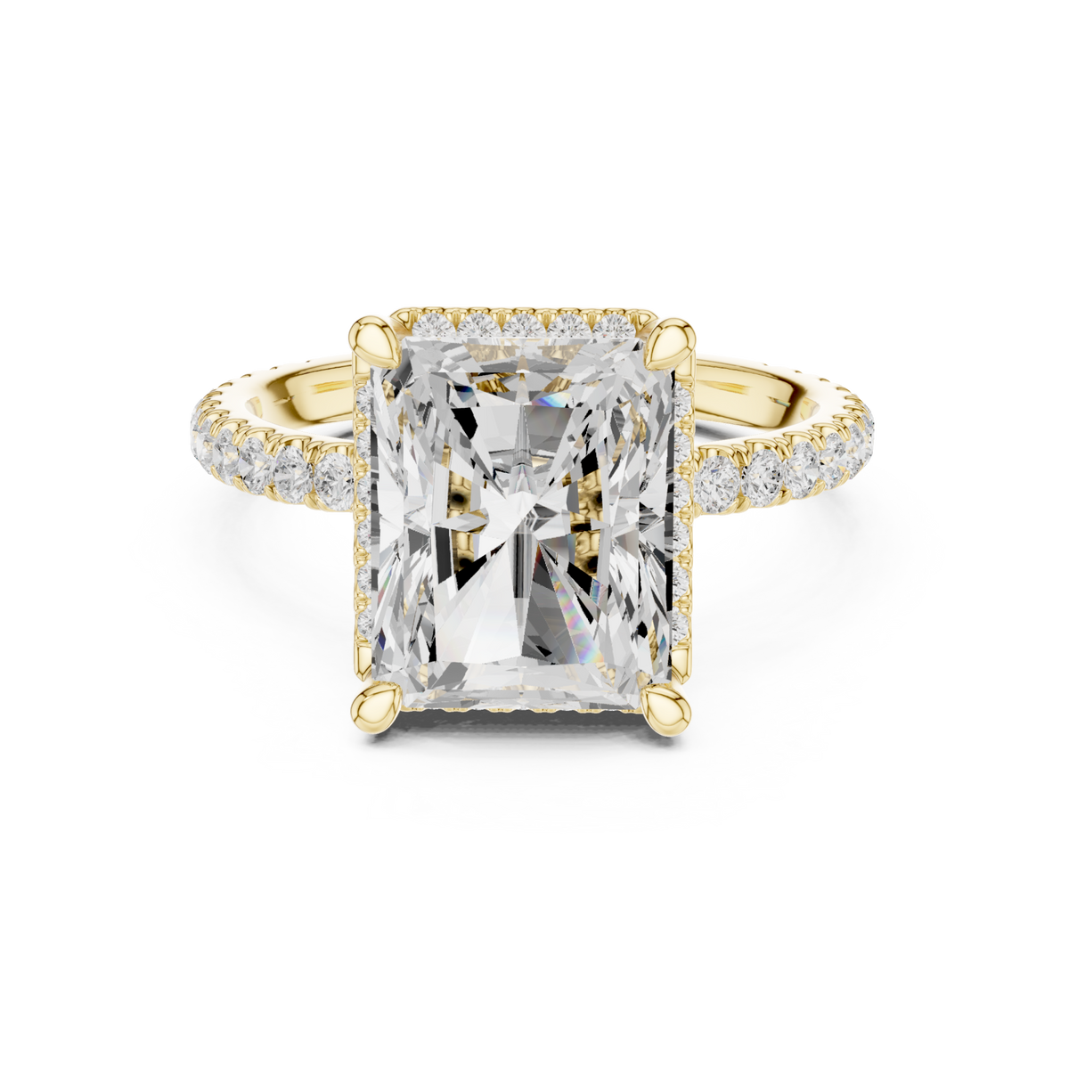 Radiant petal-prong hidden halo pave engagement ring yellow gold detail view