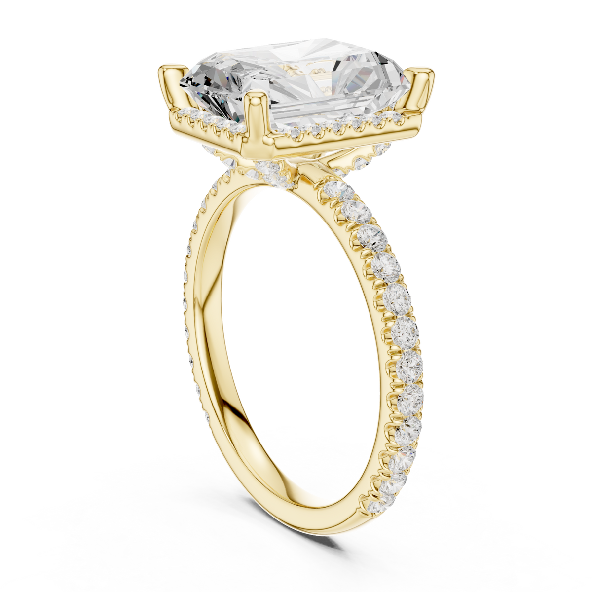 Radiant petal-prong hidden halo pave engagement ring yellow gold front view