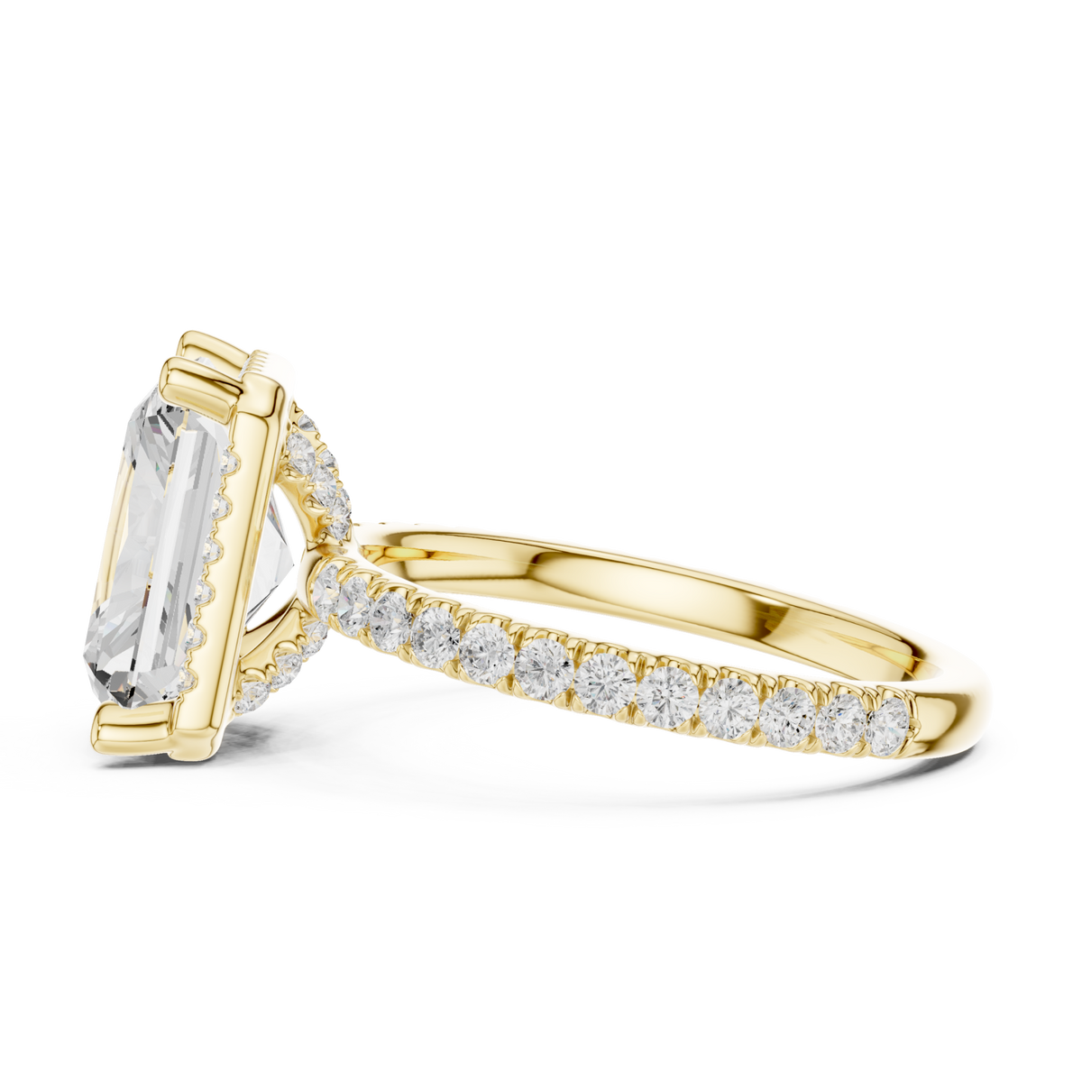 Radiant petal-prong hidden halo pave engagement ring yellow gold side view