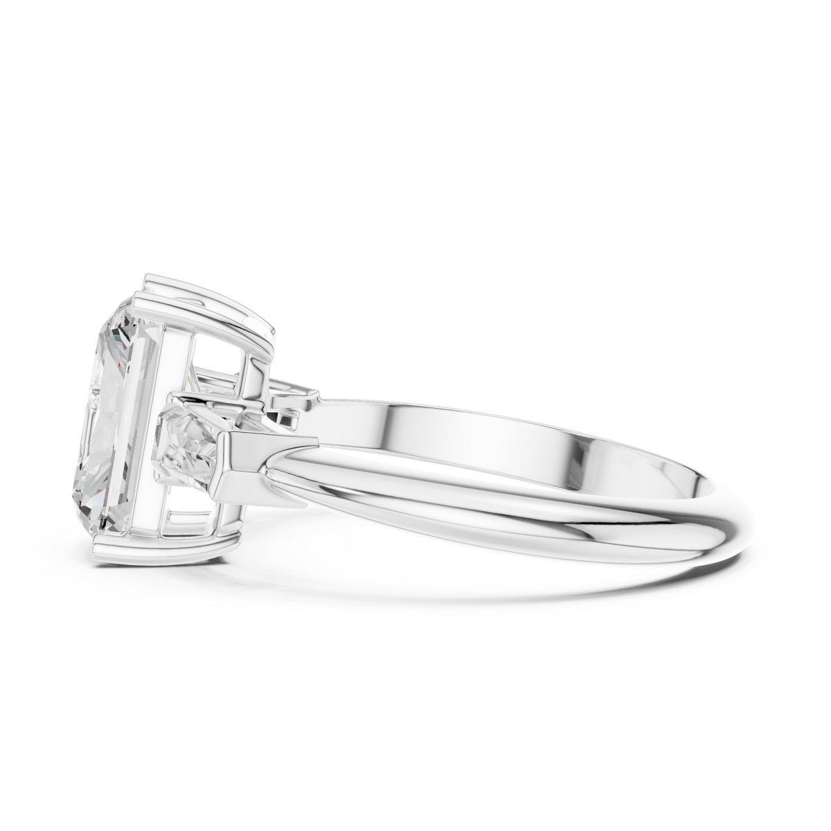 Radiant petite baguette three stone engagement ring white gold side view