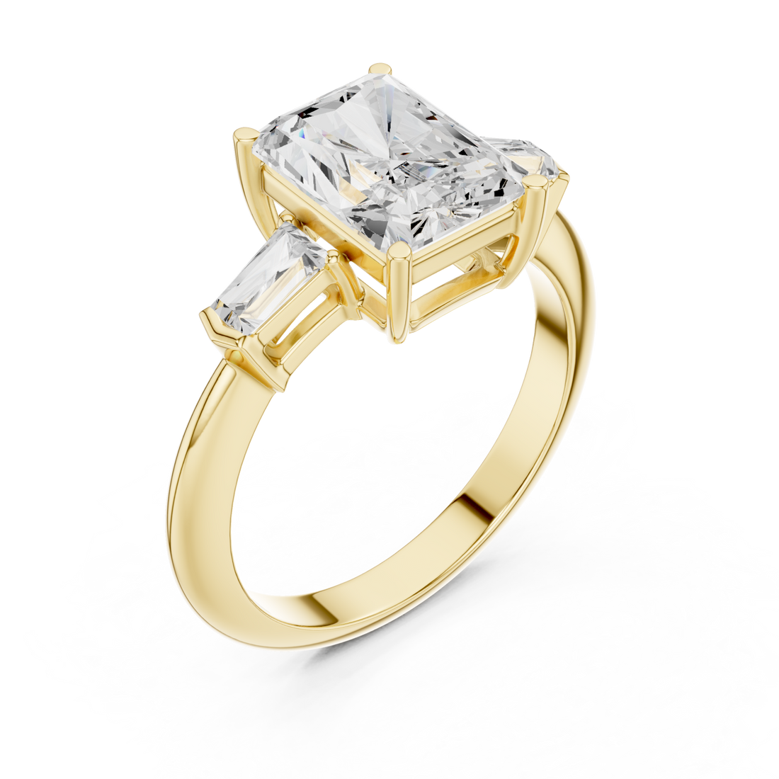 Radiant petite baguette three stone engagement ring yellow gold front view