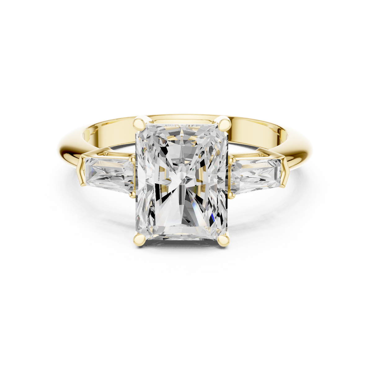 Radiant petite baguette three stone engagement ring yellow gold detail view