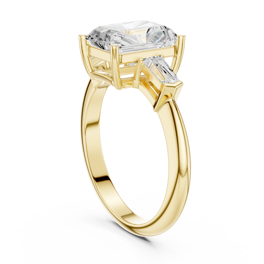 Radiant petite baguette three stone engagement ring yellow gold front view